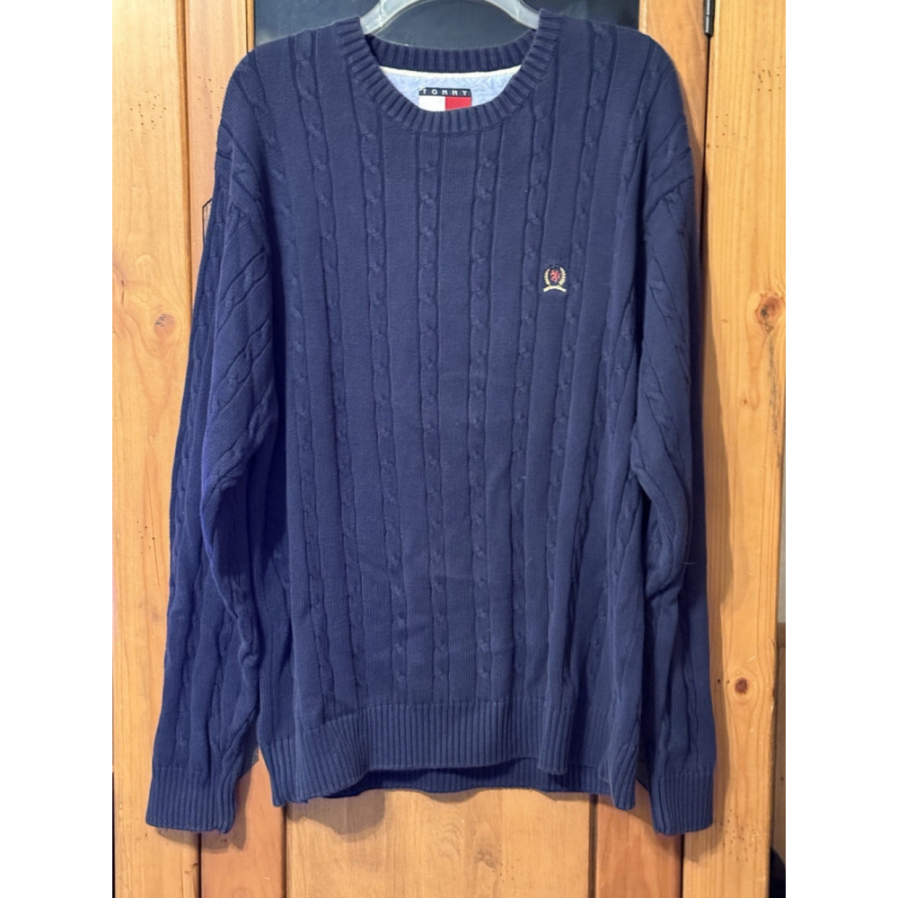Vintage Tommy Hilfiger Sweater Men's XL Blue Embroidered Crest Pattern Casual